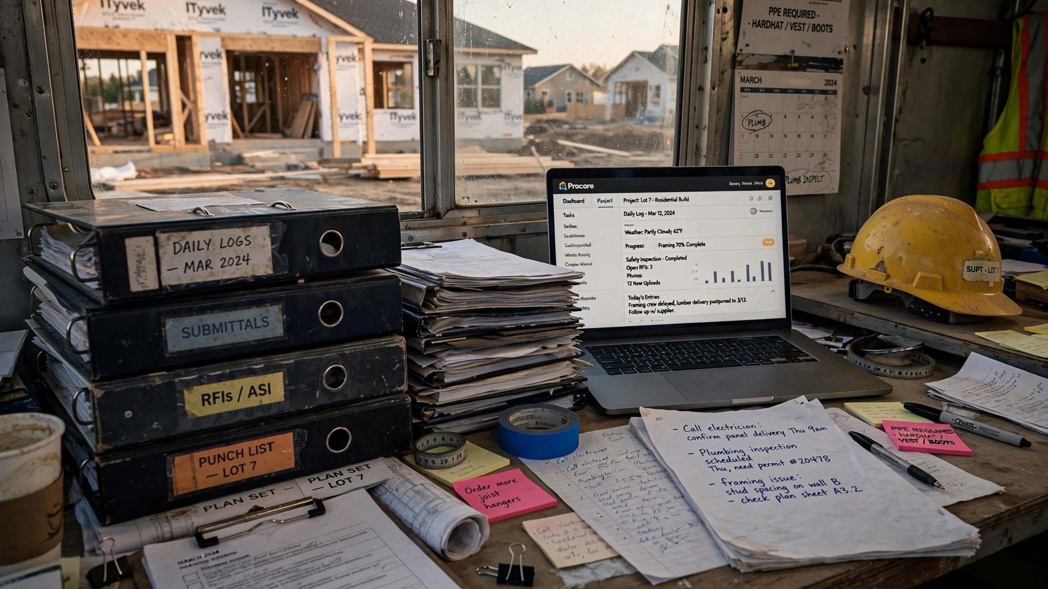 Construction superintendent standing in a half-framed house, phone in hand, surrounded by stacks of binders and loose-leaf daily logs on a plywood workbench