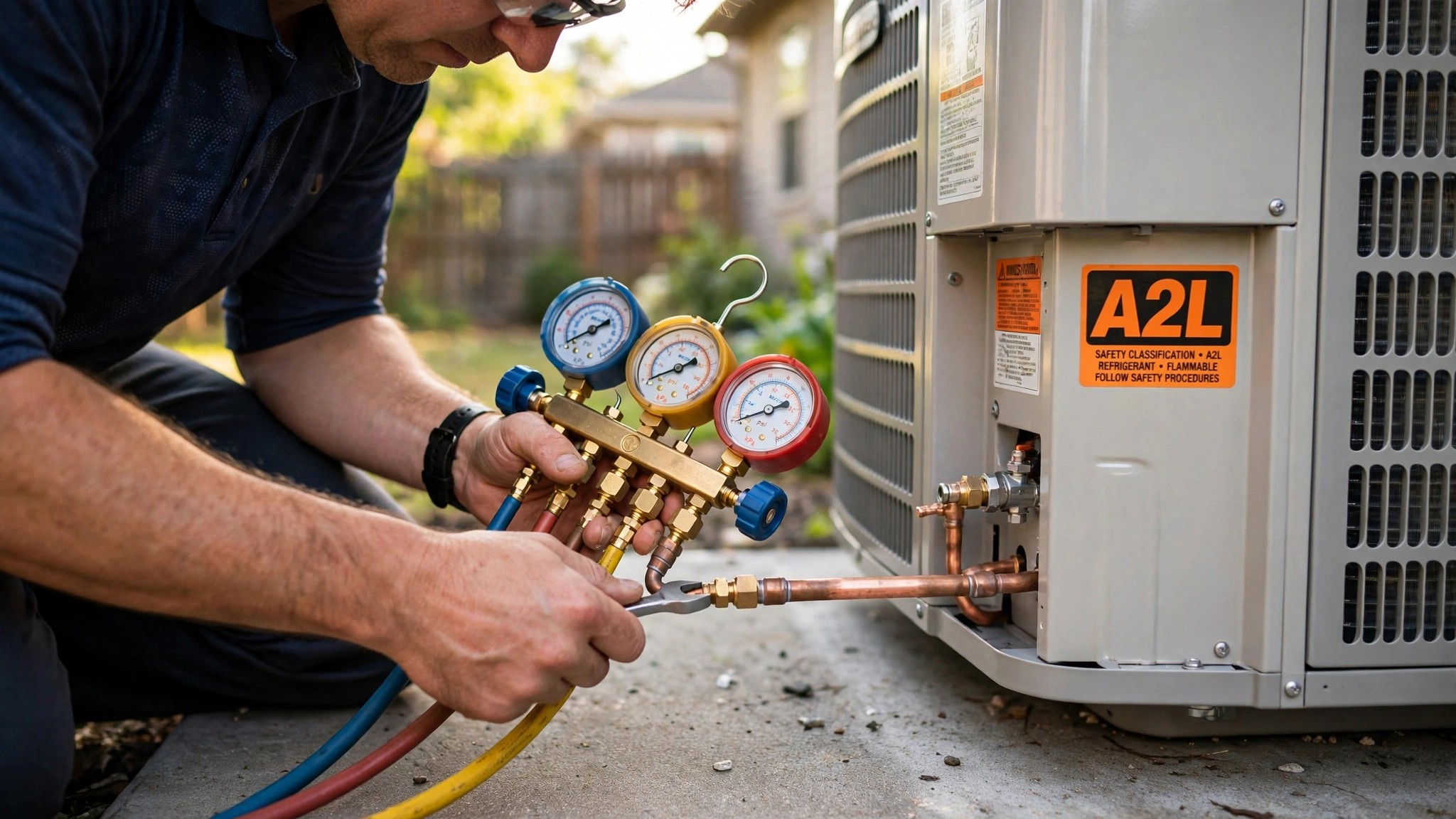 Close-up of an HVAC technician connecting refrigerant lines to a new residential condenser unit, with safety classification labels visible on the equipment