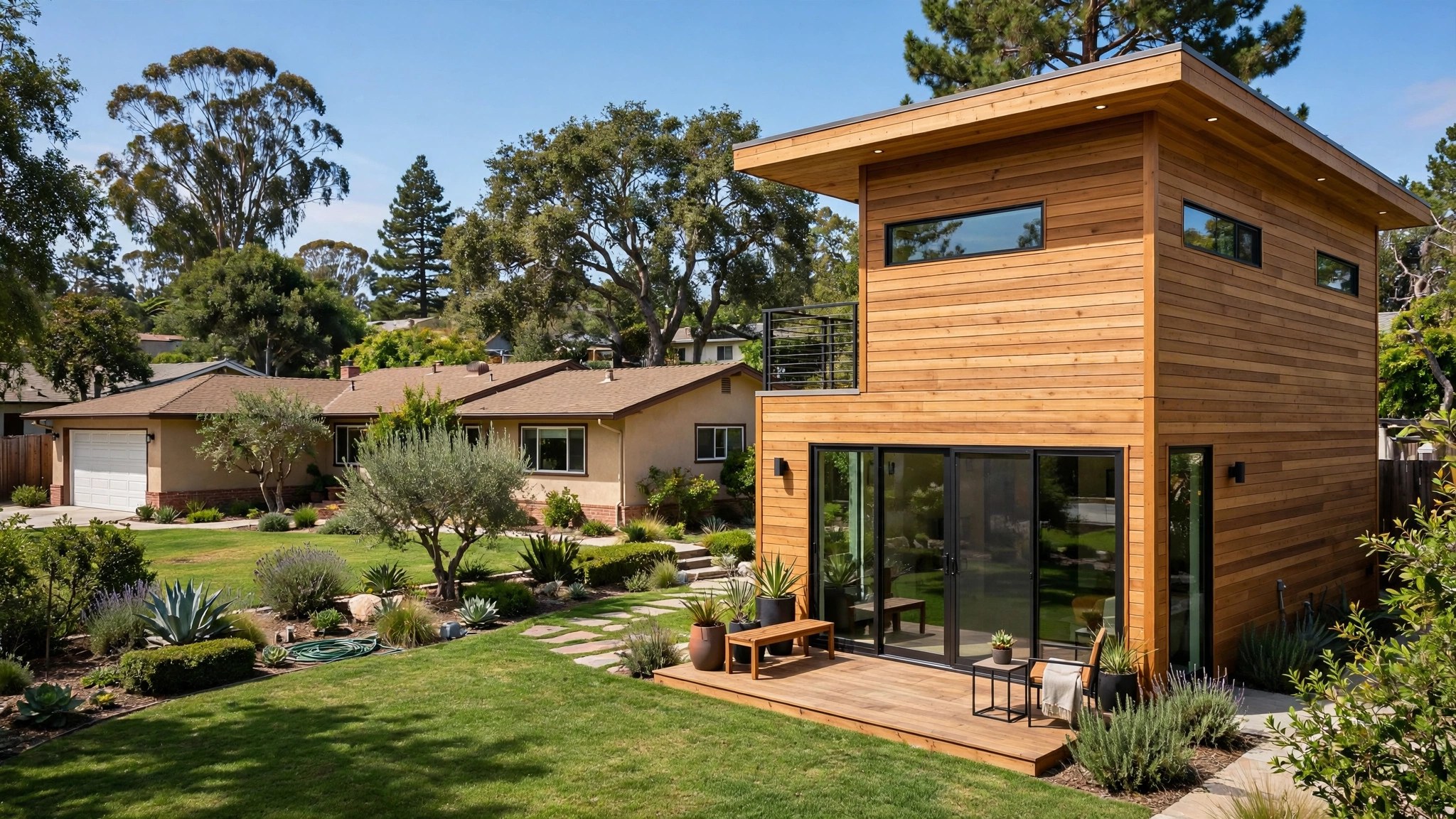 A small modern detached dwelling unit behind a larger house in a California residential neighborhood