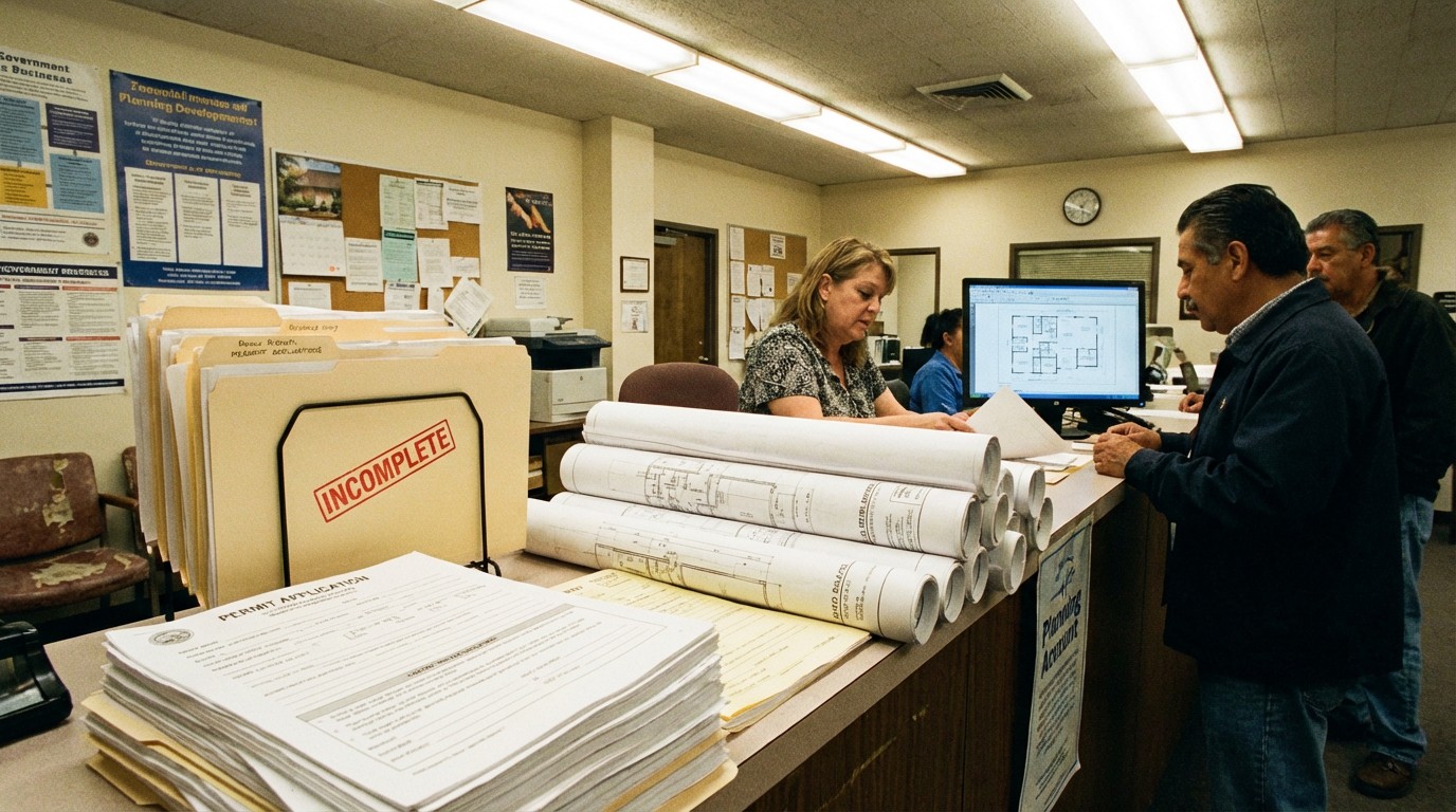 A stack of architectural blueprints on a planning department counter, fluorescent lighting, a coffee-stained 'Application Incomplete' stamp visible on the top sheet