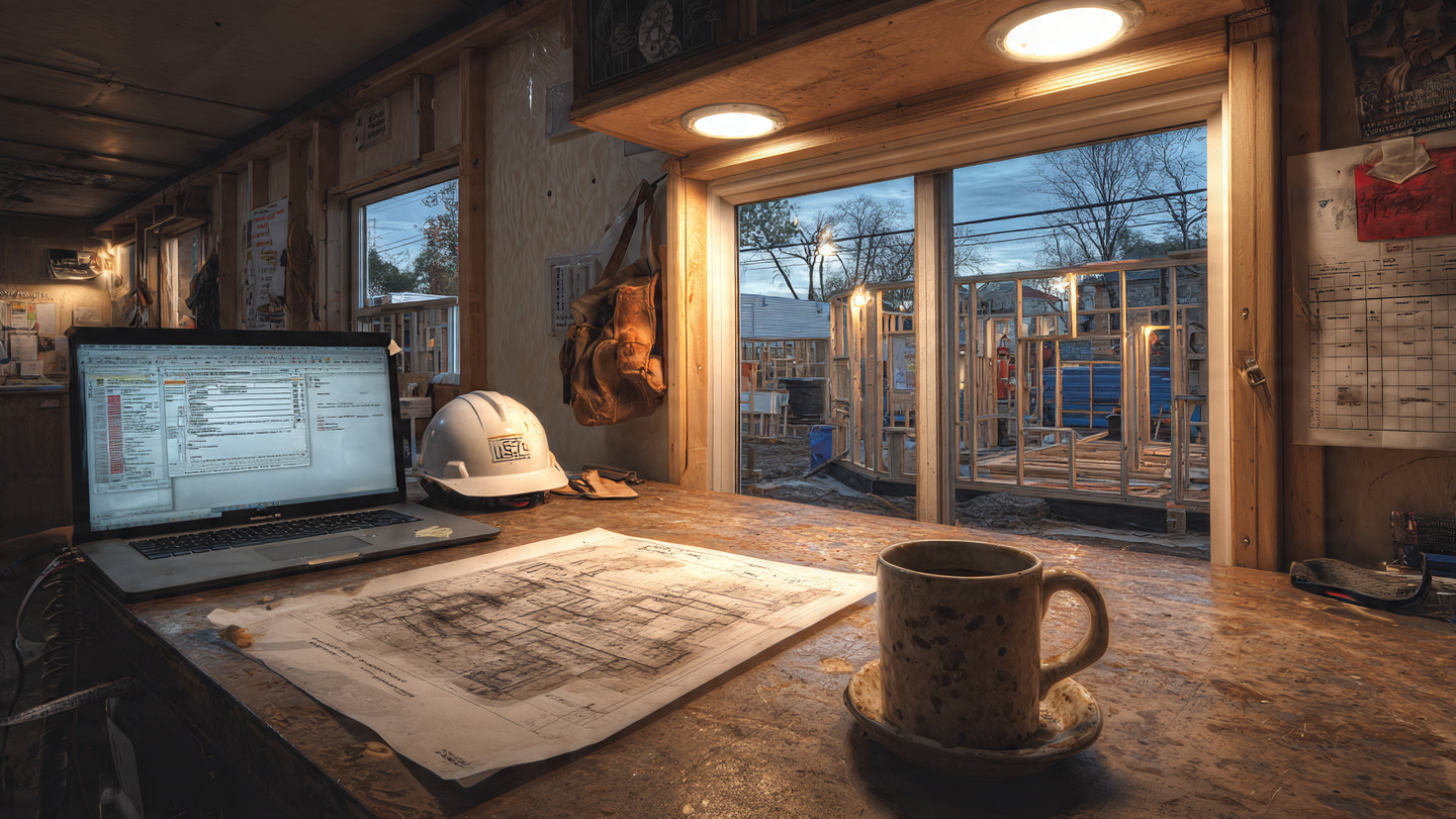 Construction office trailer desk with project management software