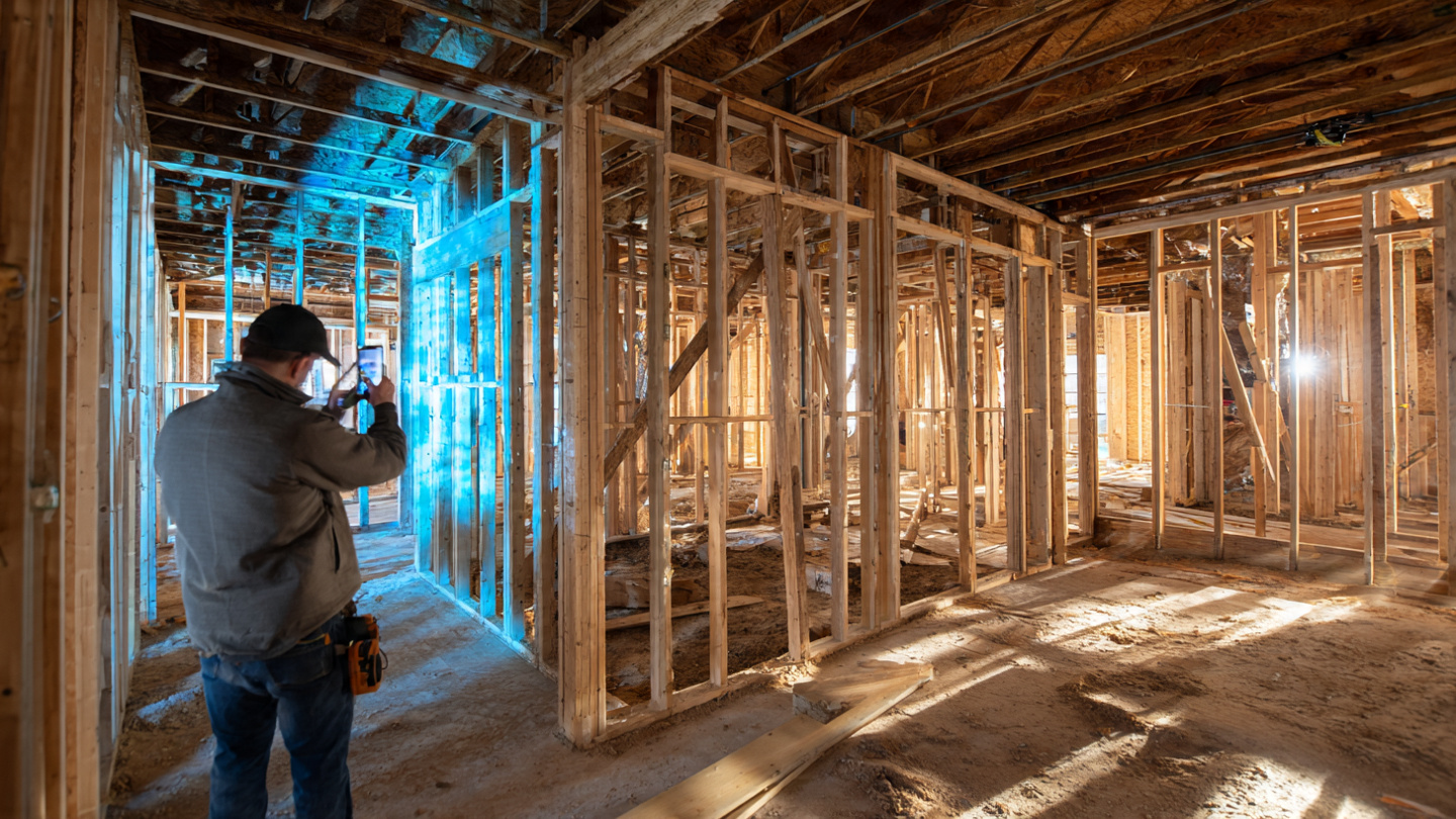 iPhone performing LiDAR scan of exposed wall framing on a residential construction site, blue point cloud overlay visible on screen