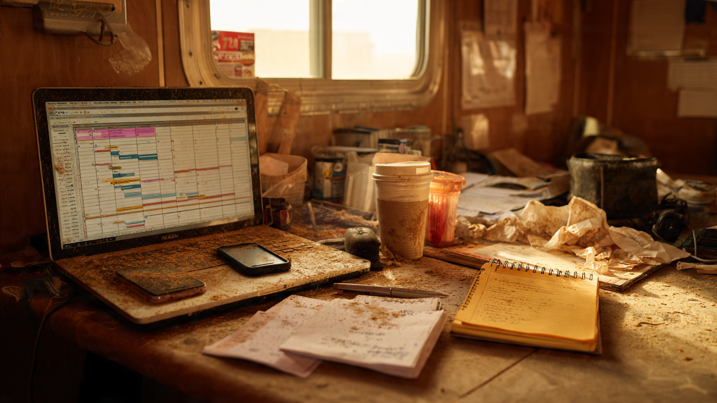 A cluttered construction office desk with a smartphone showing text messages, scattered paper schedules, and a laptop displaying a Gantt chart