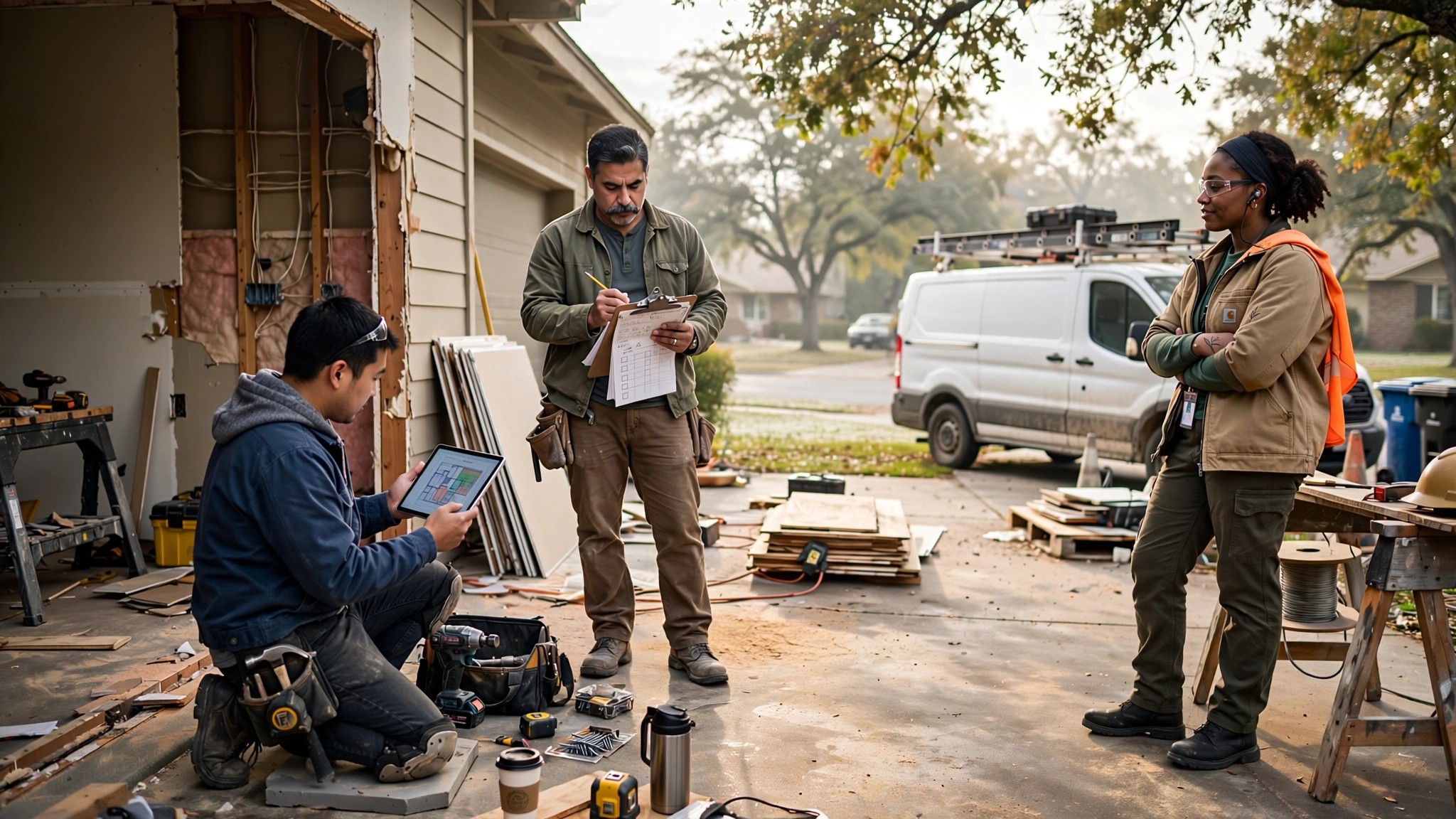 A small contracting crew working on a residential site with tablets and old-school clipboards side by side