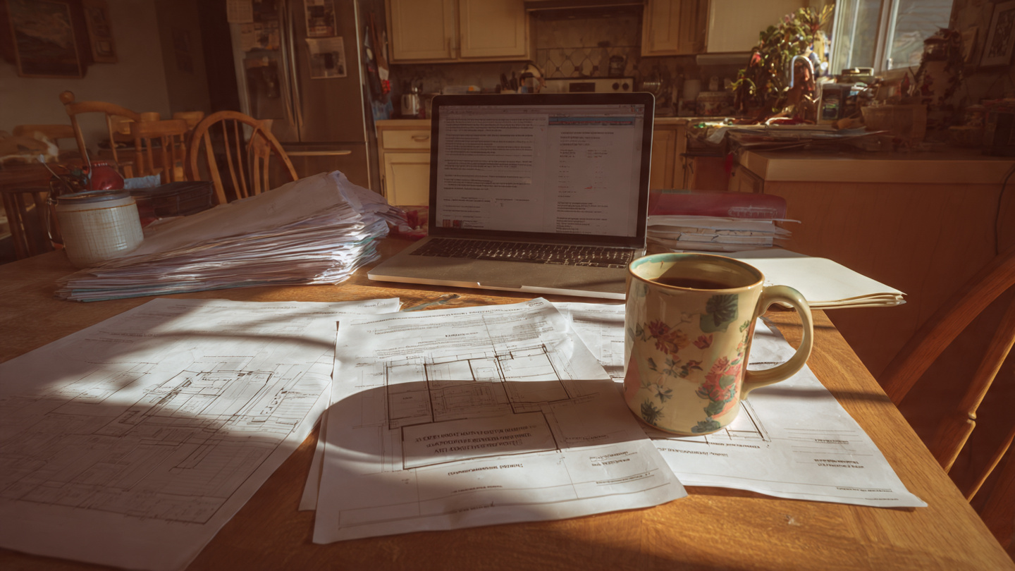 A cluttered kitchen table in a modest California ranch house covered with printouts of ADU floor plans, a laptop open to a city permitting portal, and a rejection letter on city letterhead