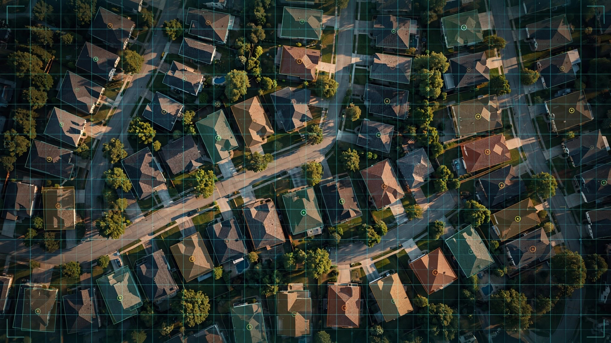 Aerial view of residential rooftops with digital analysis overlay
