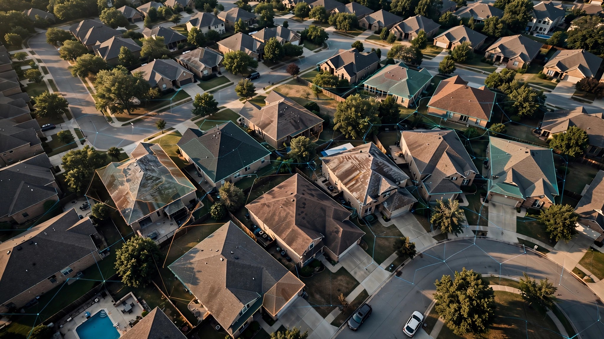 Aerial view of a suburban neighborhood with overlaid digital grid lines and colored risk-score indicators hovering above rooftops, warm afternoon light casting long shadows