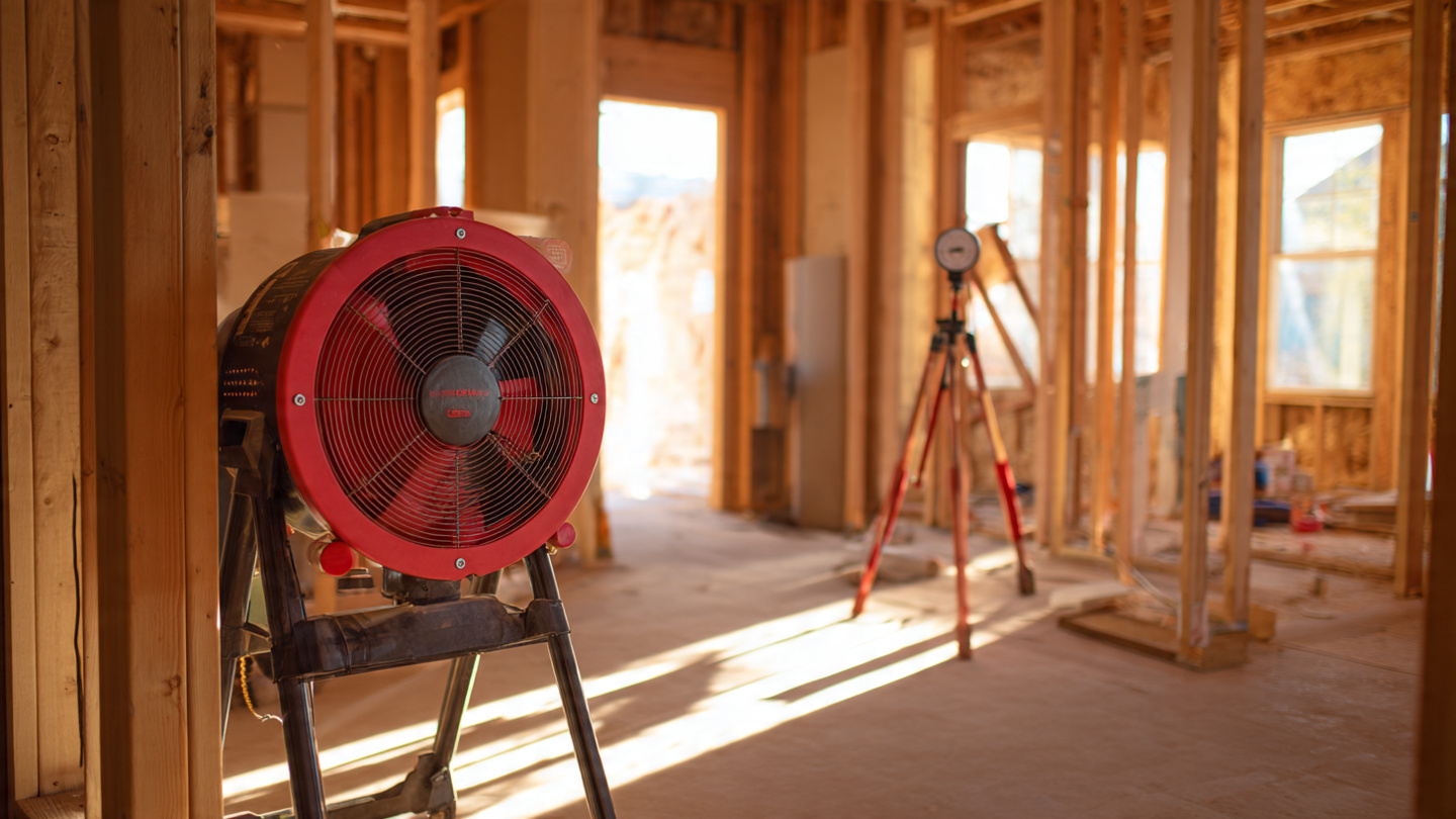 A blower door fan installed in the front door frame of a partially finished house with exposed framing visible through an interior doorway