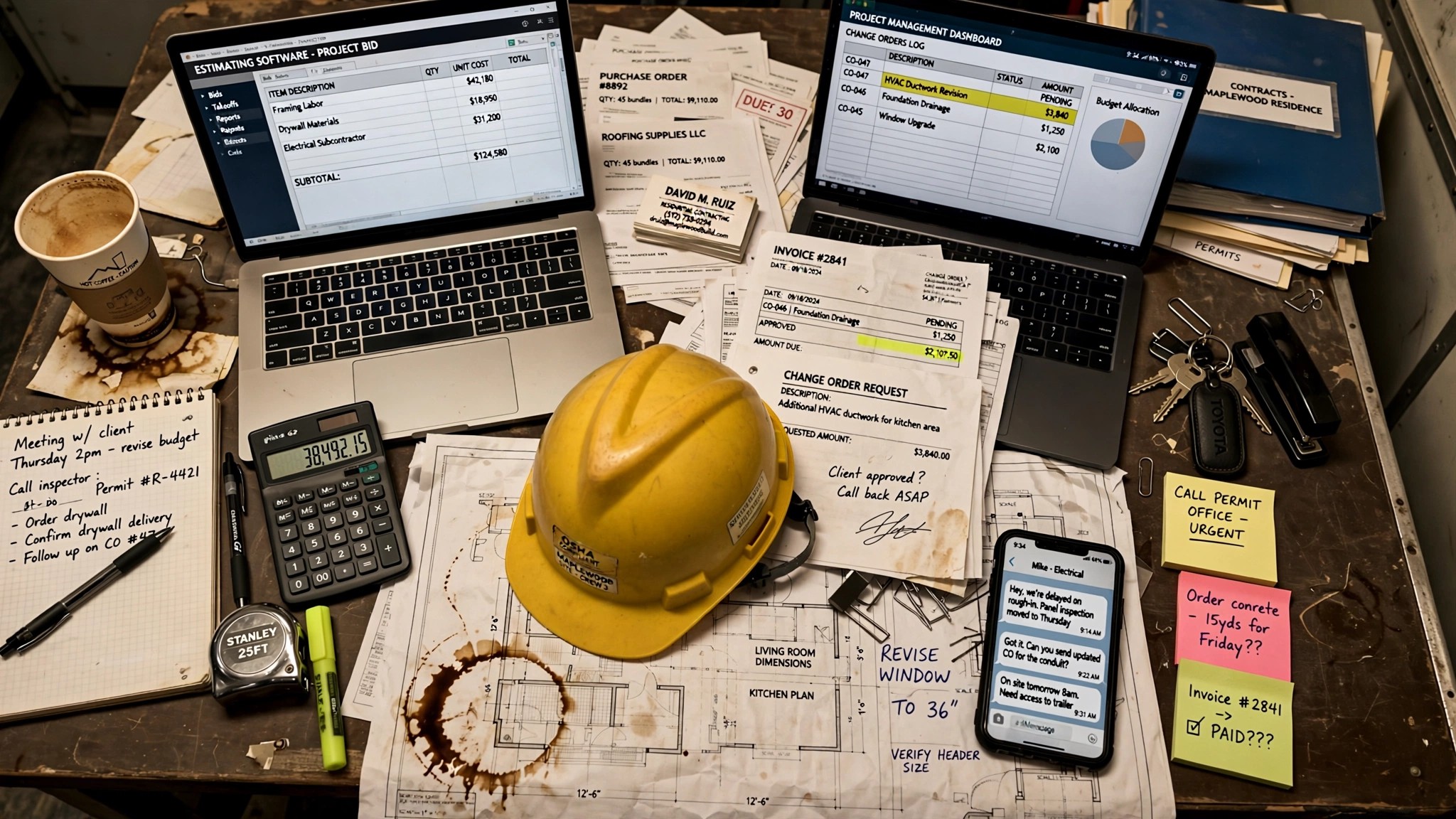 A cluttered contractor's desk with multiple open laptops, paper change orders, and a phone showing text messages alongside project management software
