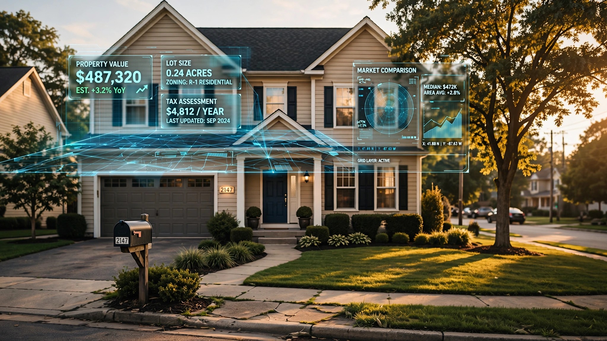 A suburban home seen through a translucent digital overlay of data points and valuation numbers, the front door closed, no appraiser in sight