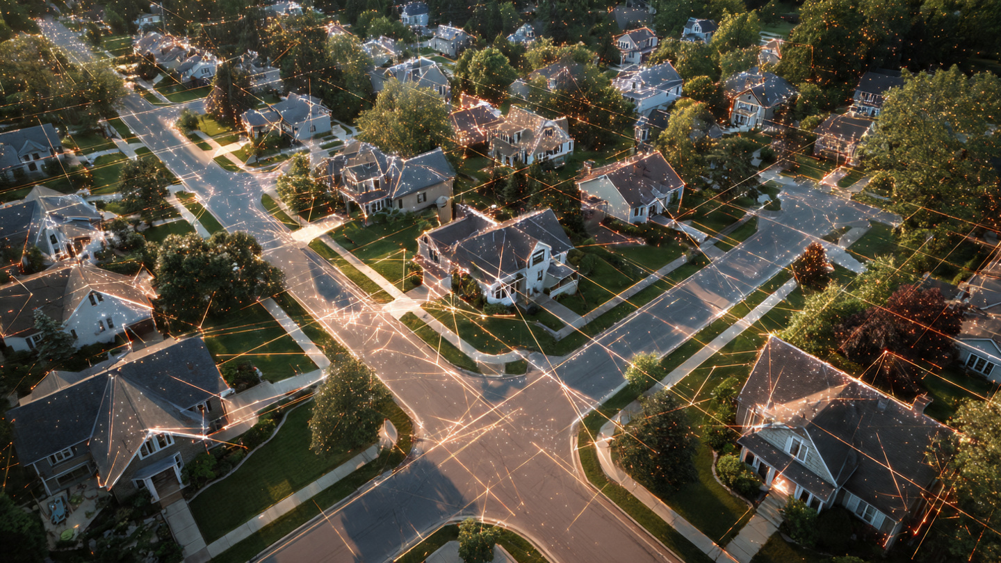 A split-screen view of a suburban neighborhood, one side showing a well-maintained home with a green lawn, the other showing the same home overlaid with data visualizations and algorithmic pricing grids, warm afternoon light