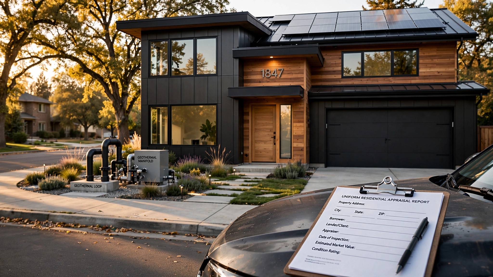 A modern energy-efficient home with solar panels and a digital overlay showing an appraisal algorithm zeroing out green features
