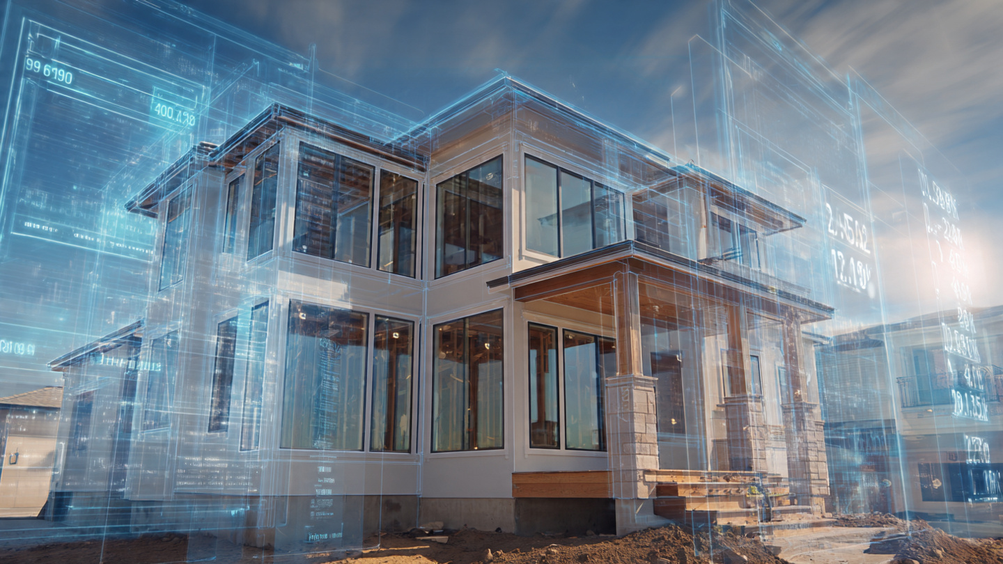 A modern new-construction home in a half-built subdivision, appraiser's clipboard on the hood of a truck in the foreground, late afternoon light