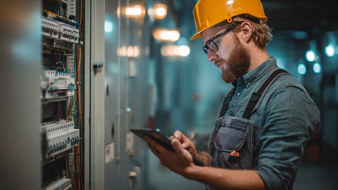A young apprentice electrician studying a tablet while standing in front of an open electrical panel in a training facility
