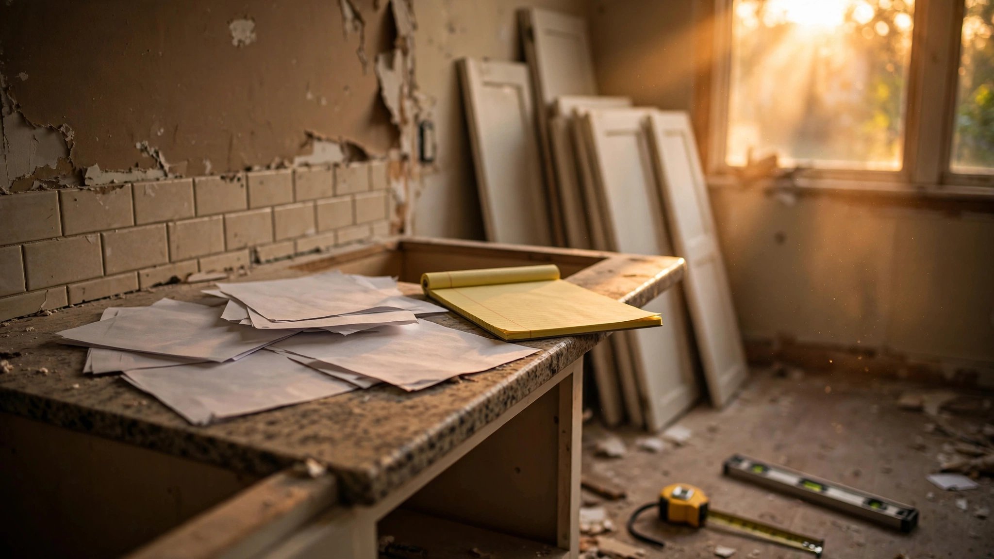 A half-renovated residential kitchen with exposed wiring, incomplete tile backsplash, and scattered invoices on the countertop, warm afternoon light casting long shadows across unfinished cabinetry