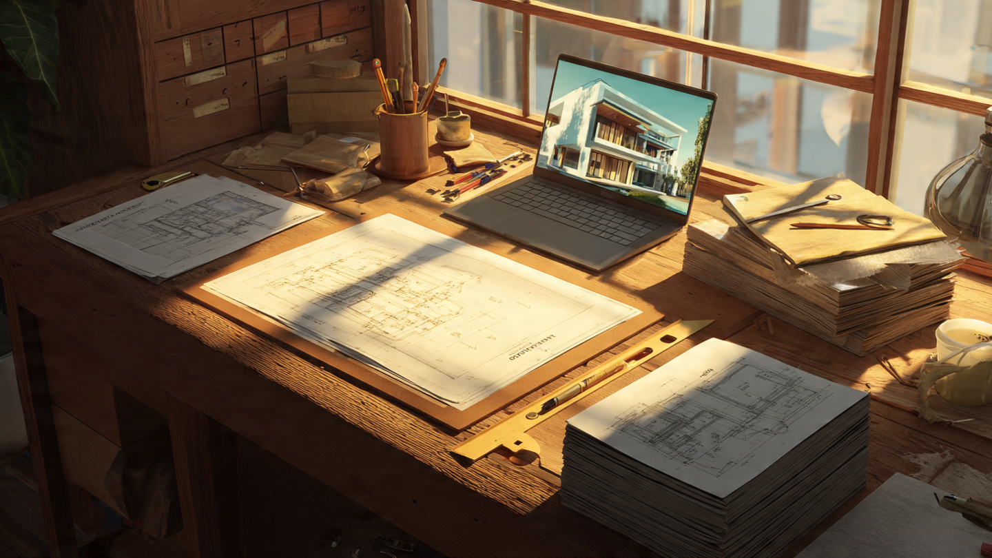 An architect's studio with overlapping blueprints from different decades, a drafting table with rolled plans beside a laptop showing AI-generated concepts