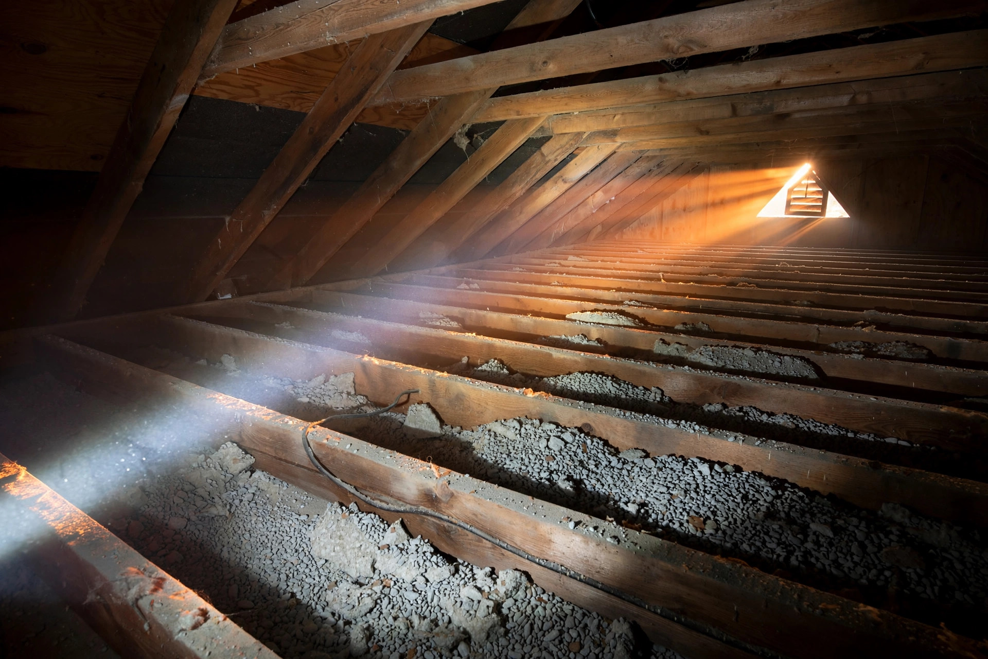 Contractor's gloved hand holding a smartphone photographing gray pebble-like vermiculite insulation between attic joists under warm work light