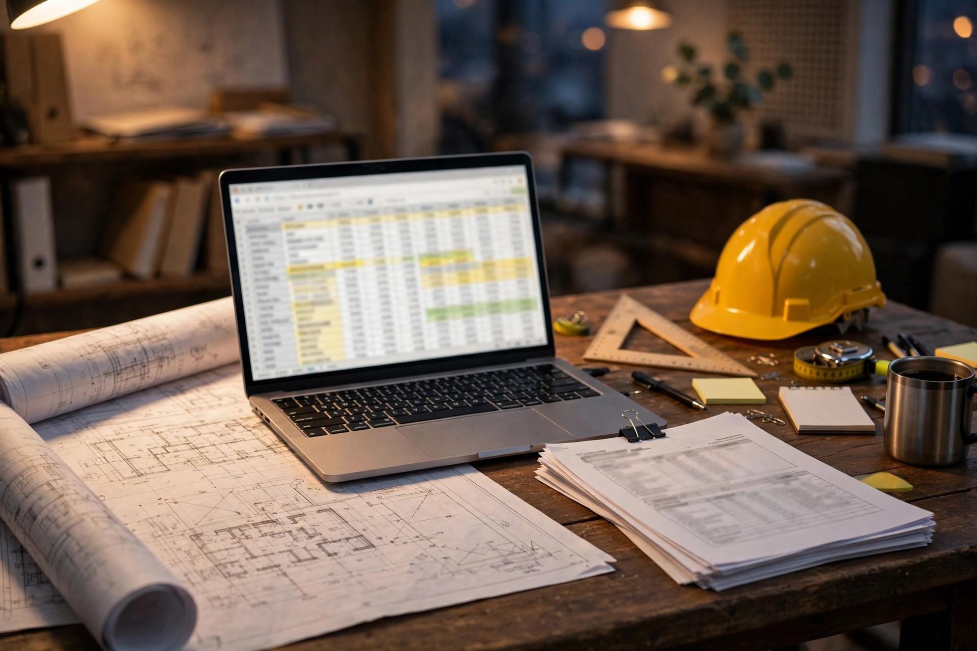 An estimator's desk with architectural blueprints, a laptop showing a bid comparison spreadsheet, and stacked subcontractor bid proposals, warm office light