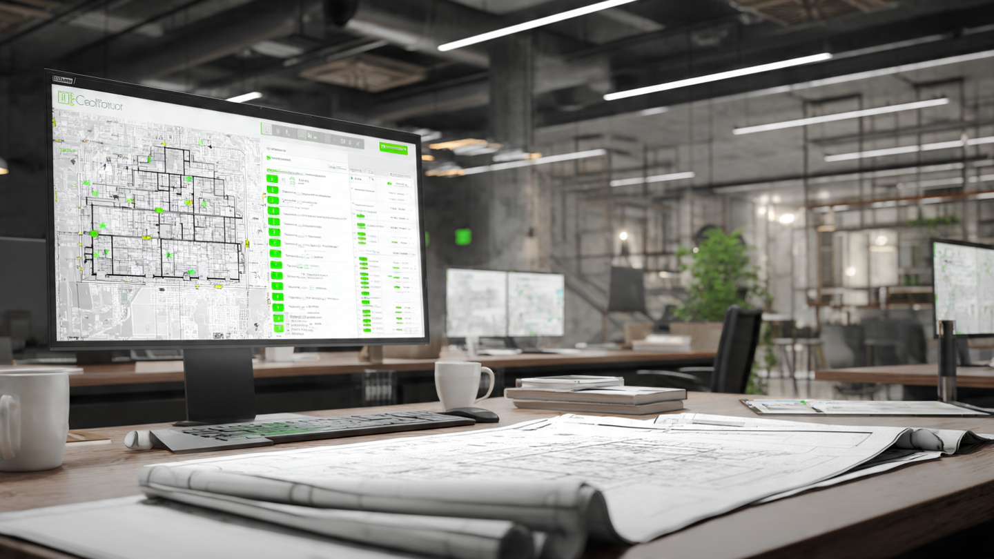 City planning office with architectural blueprints spread on a desk and a computer screen showing an AI code compliance dashboard
