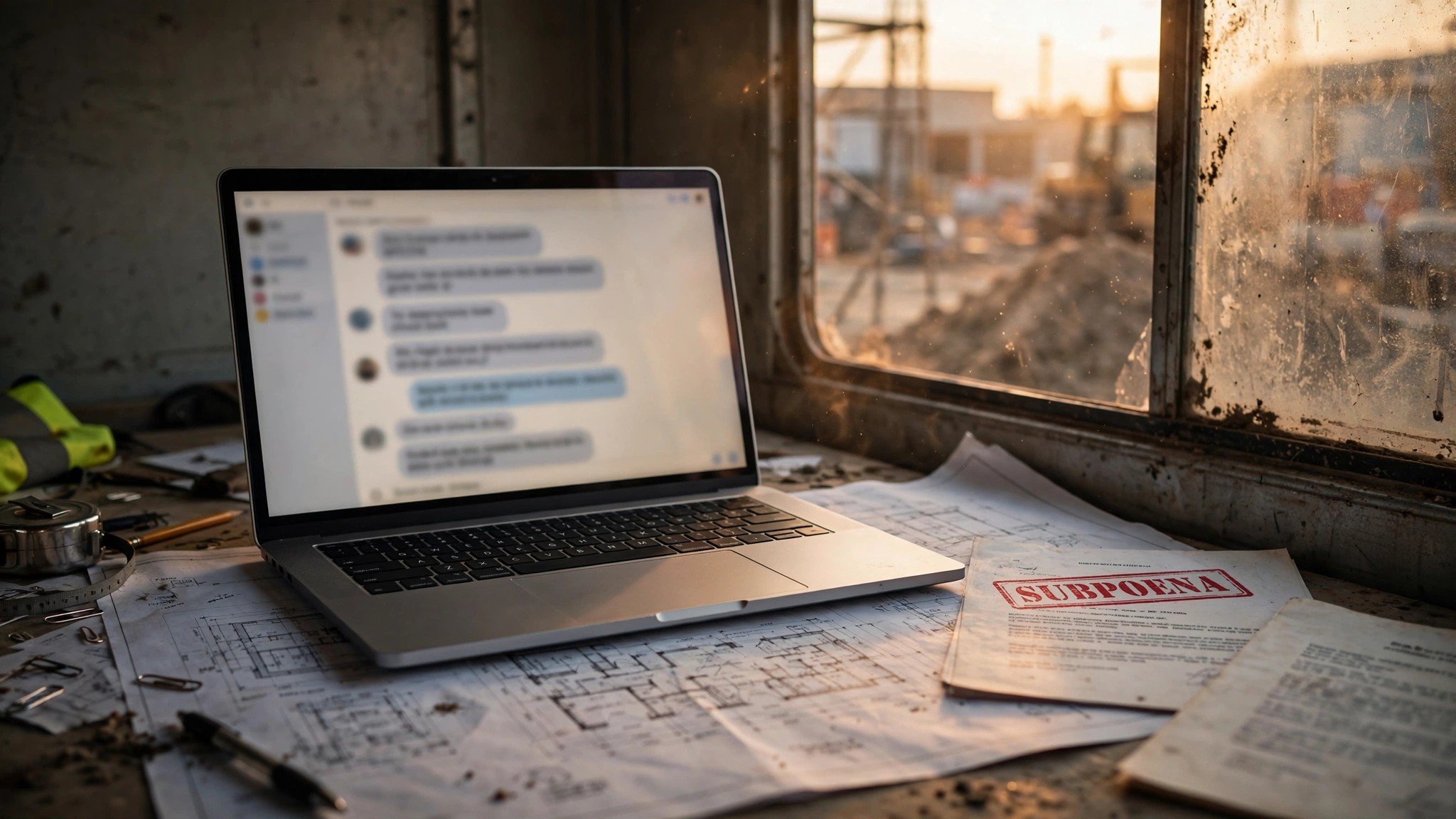 A laptop screen showing an AI chatbot conversation about building code compliance sitting on a cluttered desk next to construction blueprints, with a legal subpoena document partially visible underneath