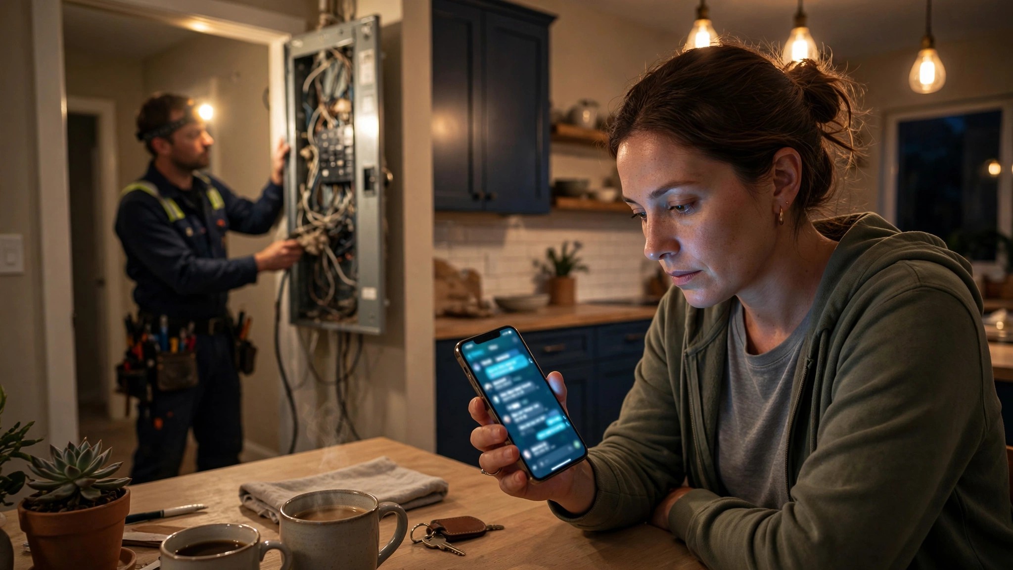 A homeowner holding a phone showing a ChatGPT conversation while an electrician behind them opens a residential breaker panel, revealing old wiring, warm workshop lighting