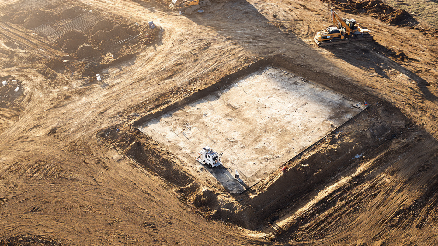 A geotechnical technician kneeling on a dirt building pad with a nuclear density gauge, early morning construction site, foundation forms visible in background