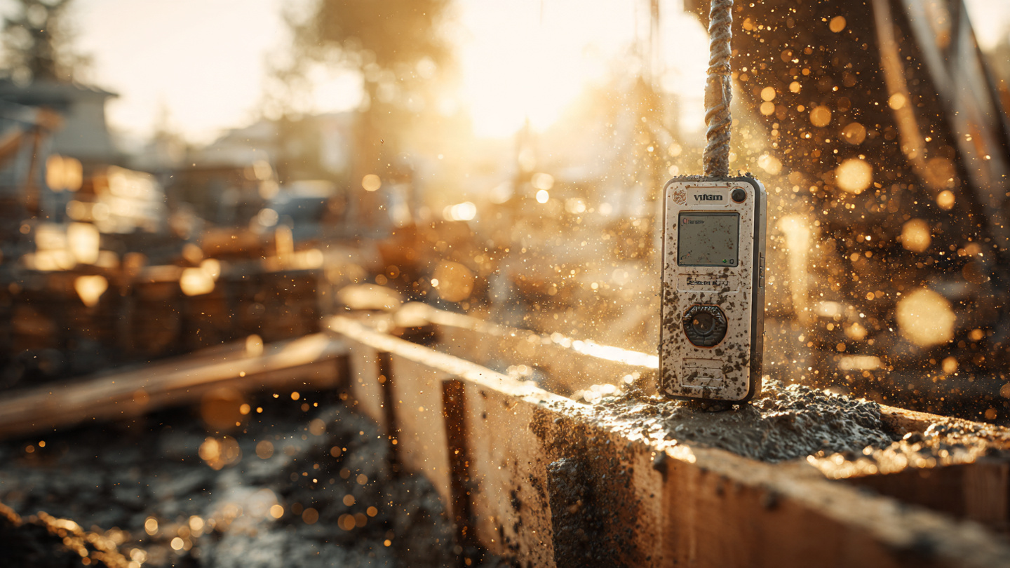 A wireless sensor zip-tied to rebar in a residential foundation form, with wet concrete being poured from a truck chute in warm morning light