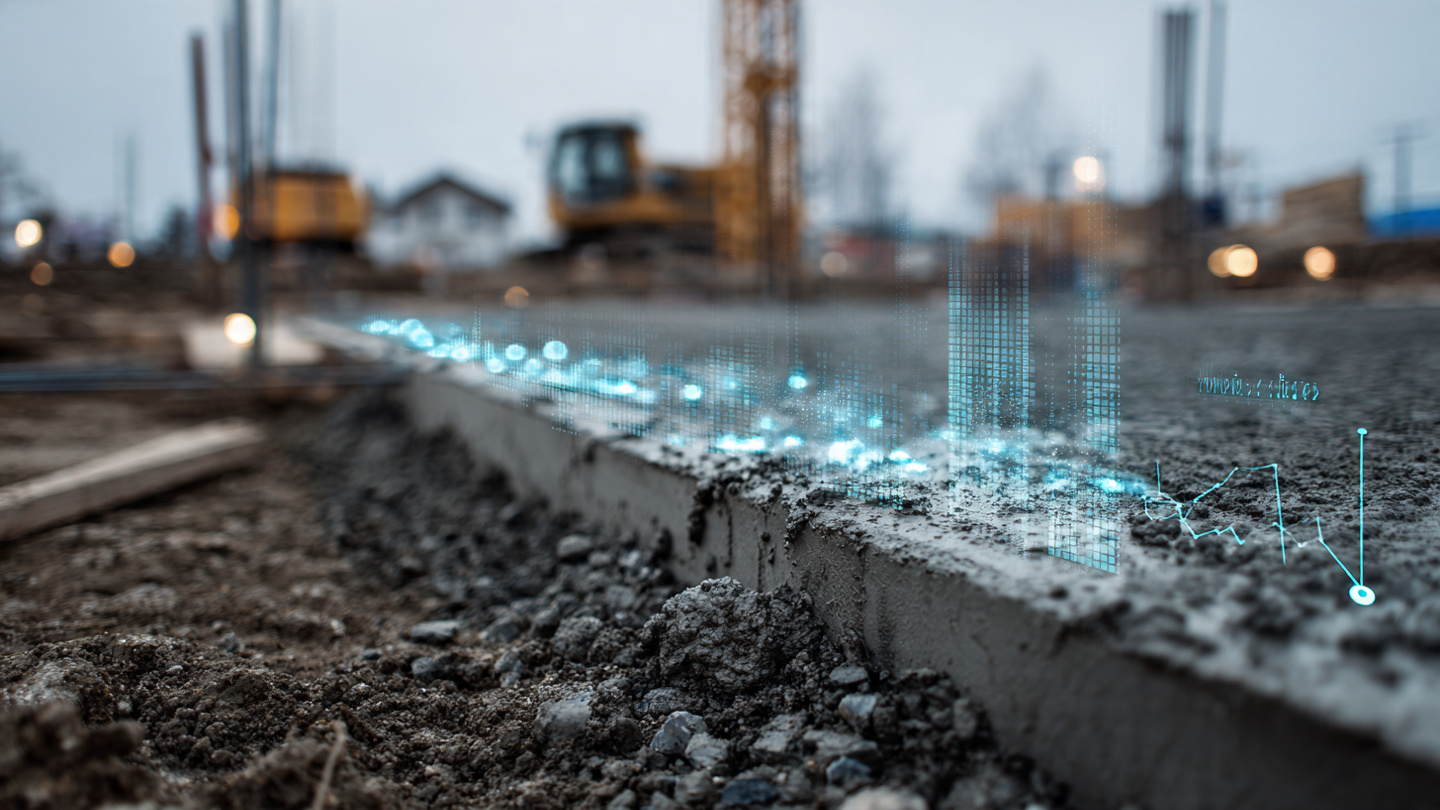 Concrete truck pouring foundation for a residential home under construction, excess wet concrete visible in the forms, morning light across a job site