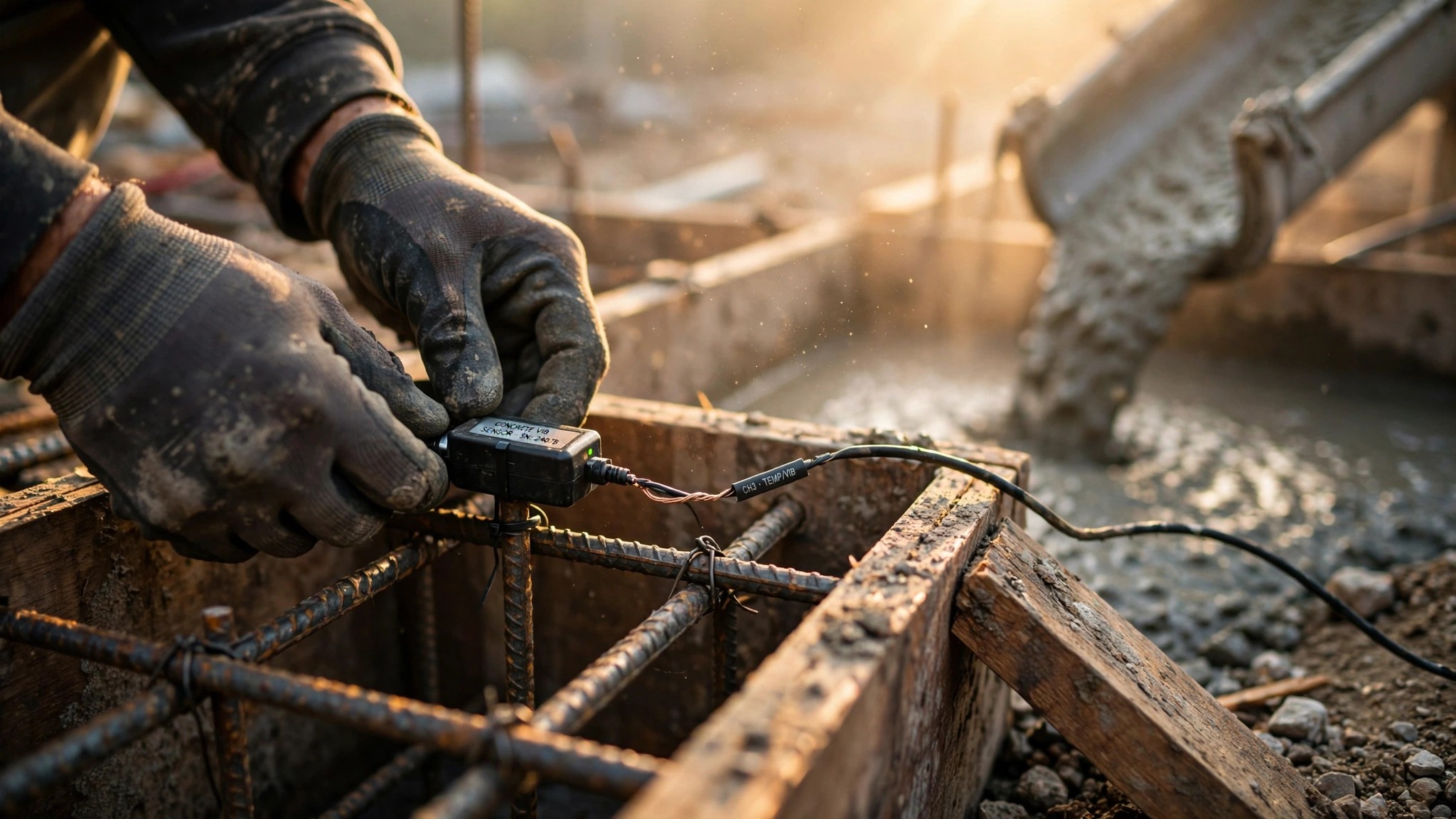 A piezoelectric sensor embedded in rebar before a concrete pour on a residential foundation