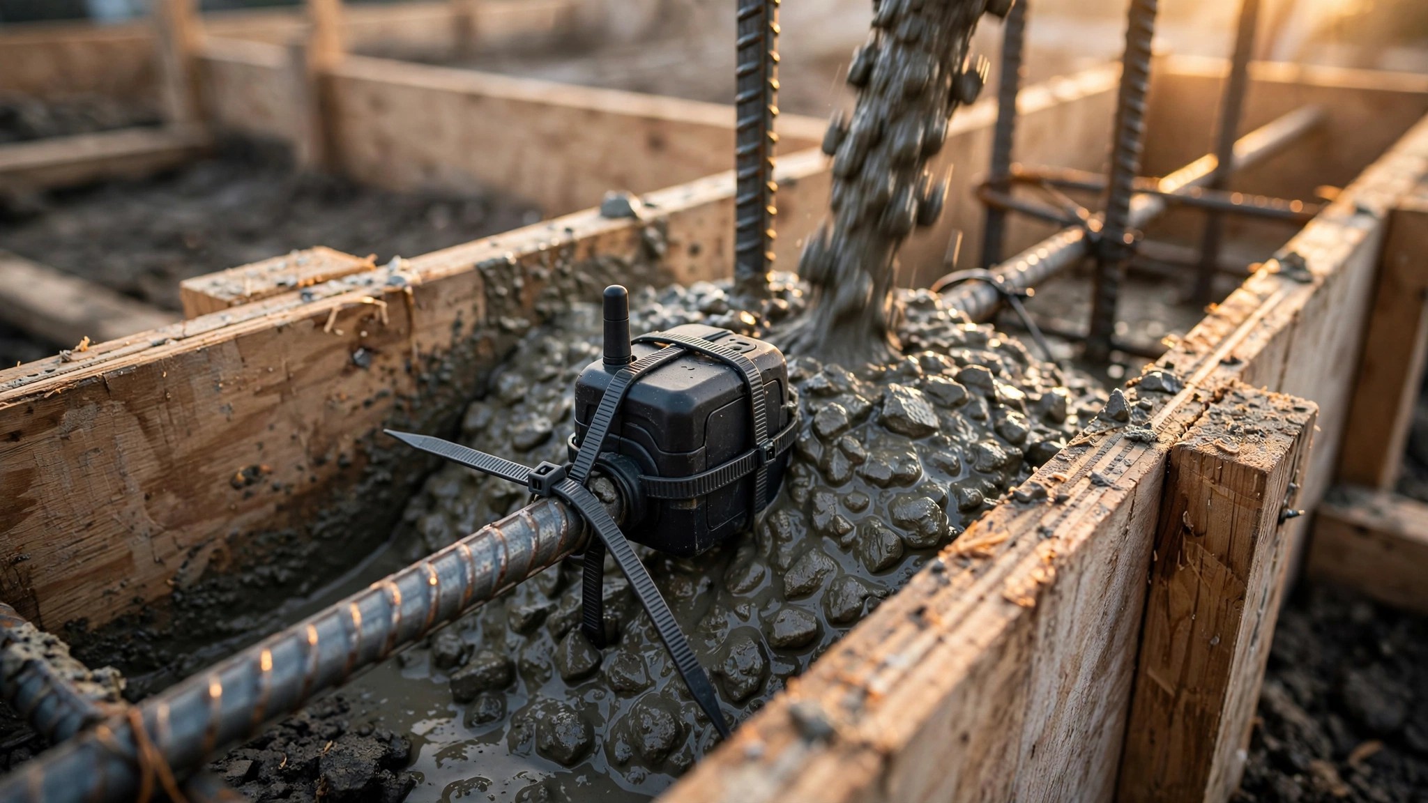 Wireless sensor embedded in rebar on a residential concrete foundation pour