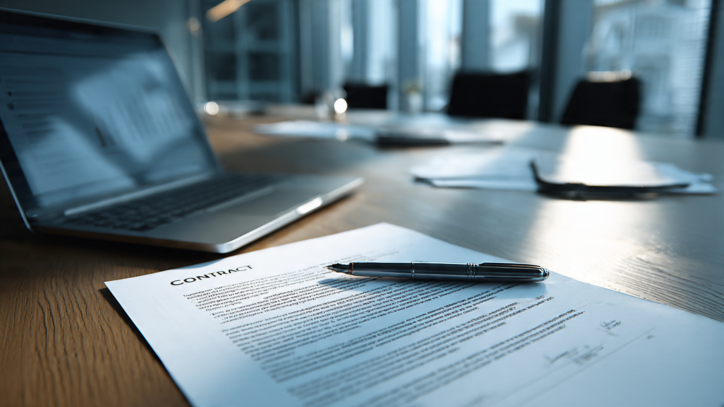 A conference table with a printed construction contract, a pen, and a laptop showing an AI cost estimation dashboard, natural office lighting