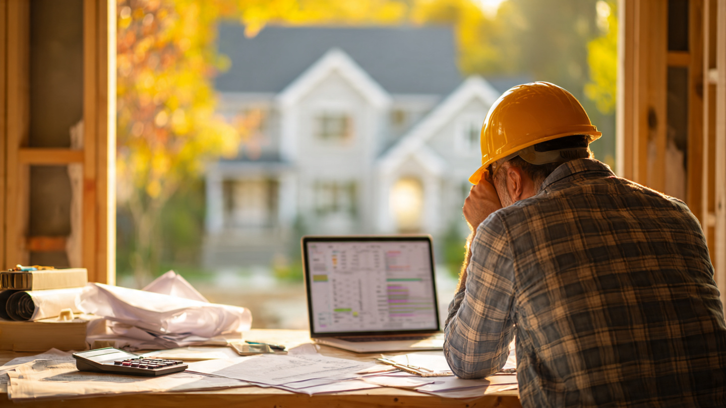 A contractor in a construction site office looking at budget spreadsheets on a laptop with invoices scattered on desk, partially framed house visible through the window