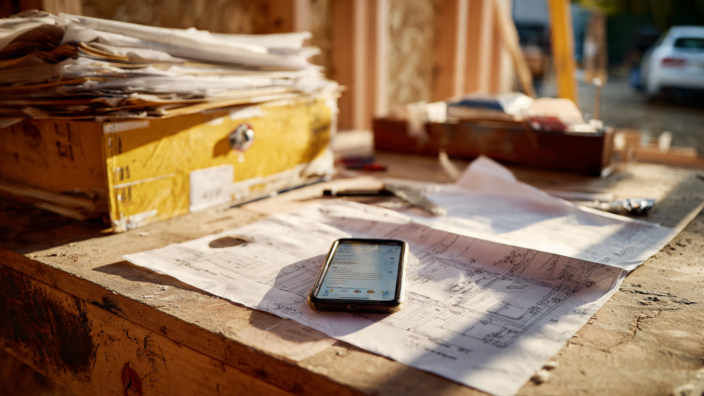 Construction site office with stacks of documents and a laptop showing AI document analysis
