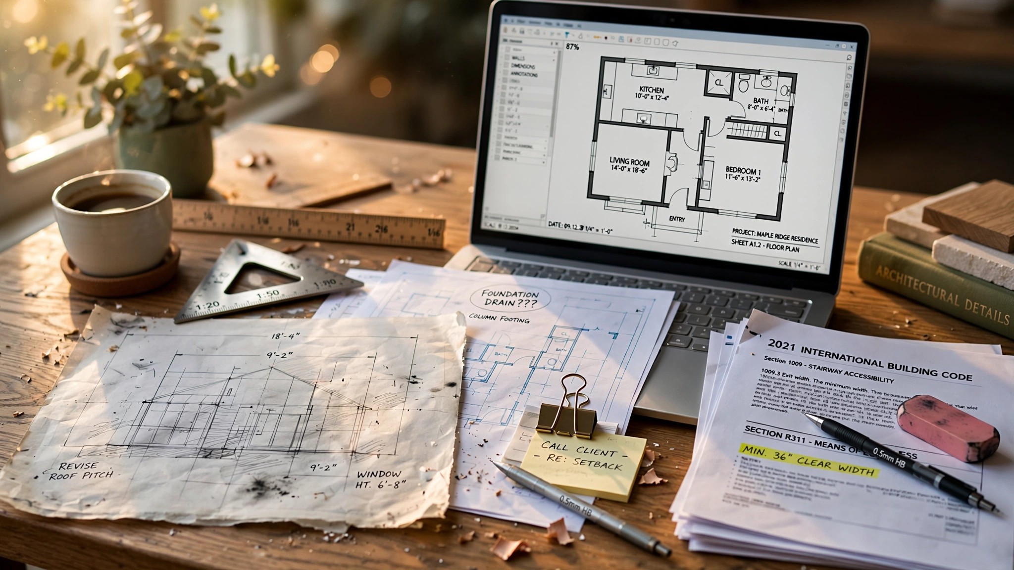 An architect's desk with construction blueprints half-drawn by hand and half-completed by glowing digital lines extending from a laptop screen