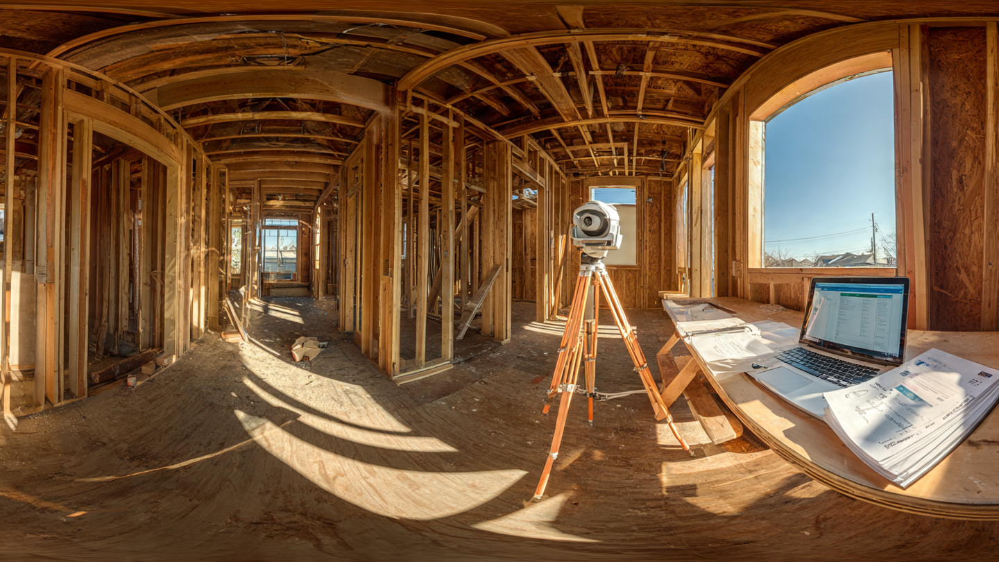A construction site with a 360-degree camera mounted on a tripod in the foreground, capturing an unfinished residential frame where a water stain is visible on exposed plywood sheathing, legal documents scattered on a sawdust-covered table nearby, warm afternoon light