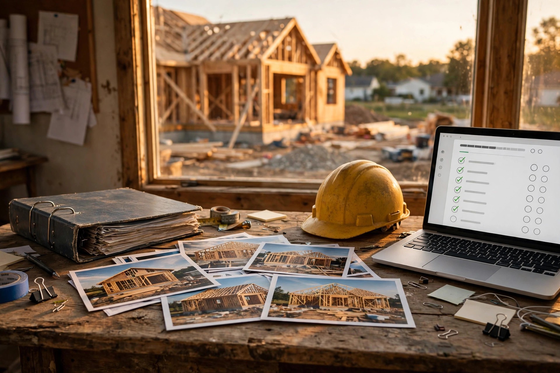 A construction lender's desk with a draw request package, progress photos of a half-framed house, and a laptop showing an approval workflow