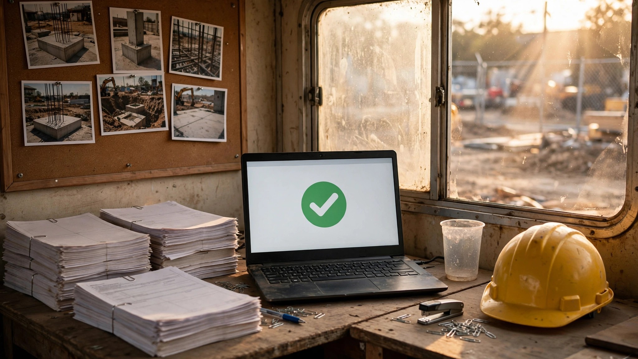 A construction site office desk with stacked draw request documents, inspection photos, and a laptop showing an automated approval interface