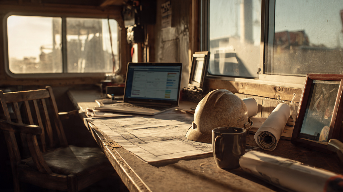 An empty superintendent desk in a construction trailer with a Procore login screen on a laptop