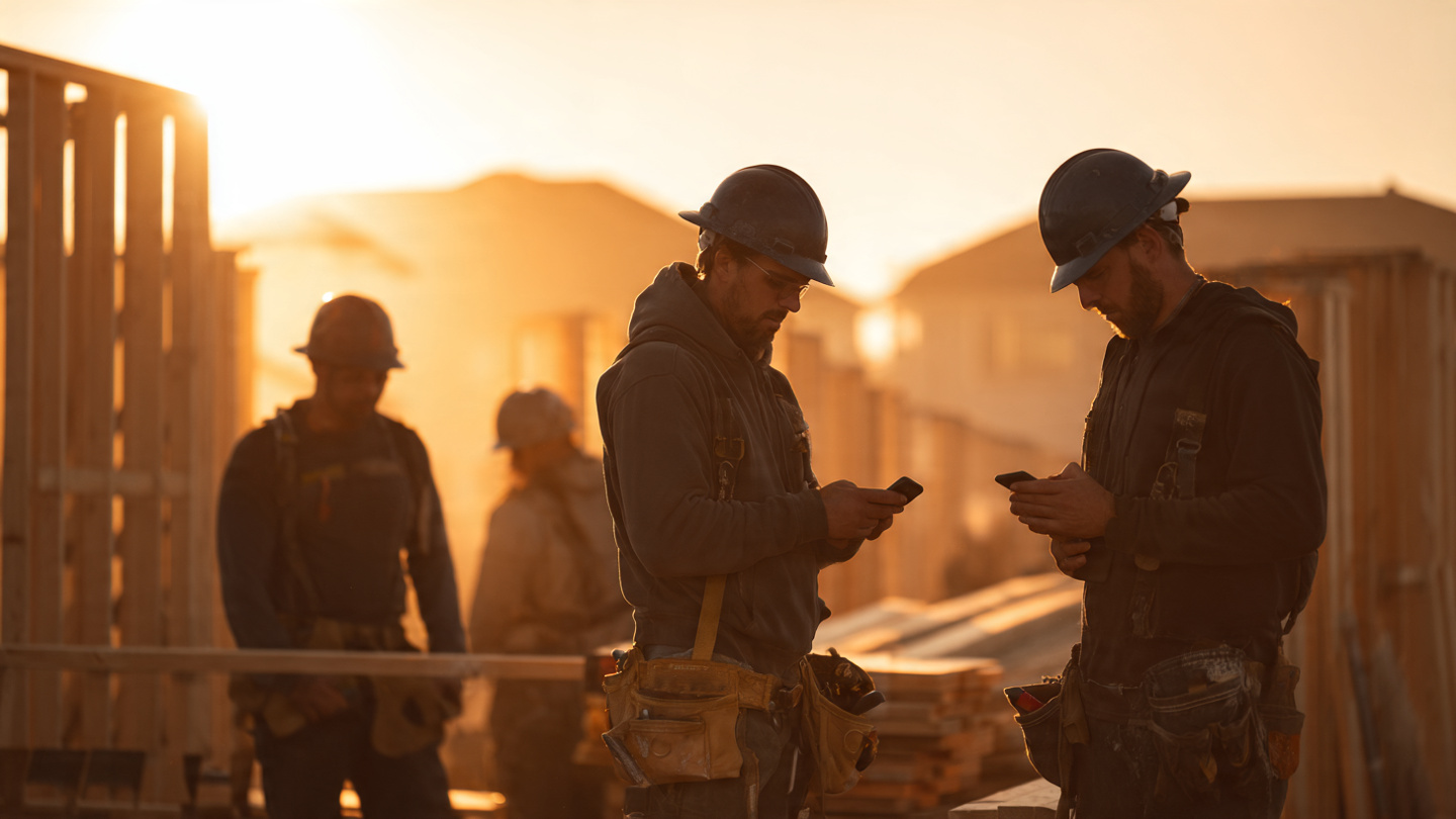 Construction workers on a residential job site checking a phone app, early morning light, hard hats and tool belts