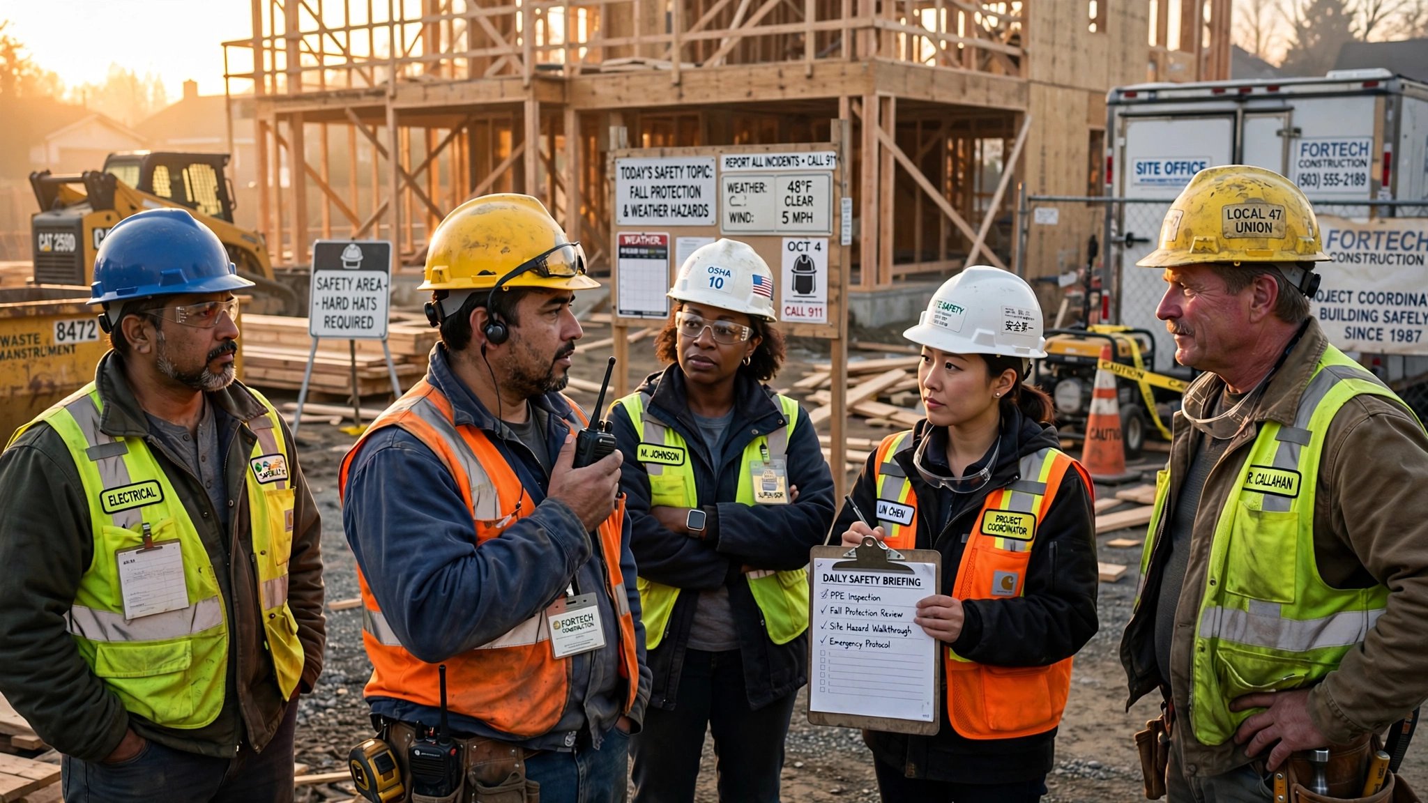 A diverse crew of construction workers gathered for a morning safety briefing on a residential job site, with multilingual safety signage visible on a plywood wall behind them