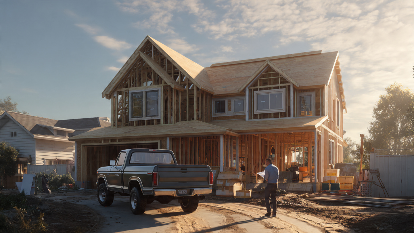 A residential construction site with a partially framed house, a stack of invoices and lien waivers on the hood of a pickup truck, a laptop showing a loan dashboard, early morning light
