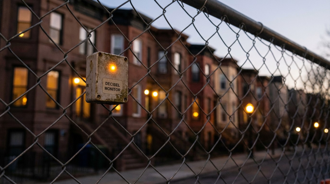 A compact noise monitoring sensor mounted on a construction site fence near residential homes at dusk, LED indicator glowing amber