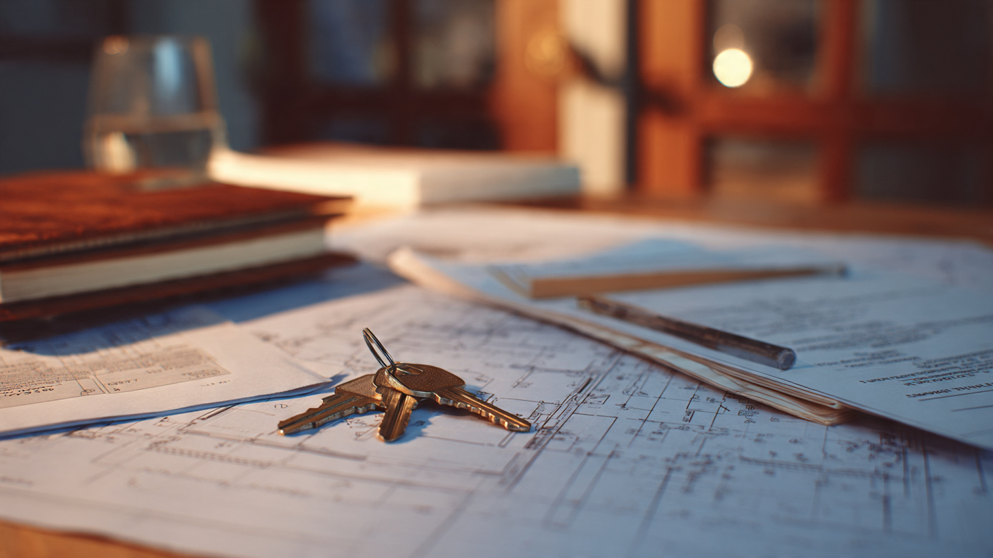 Close-up of a legal document and house keys on a construction table with blueprints, warm office lighting