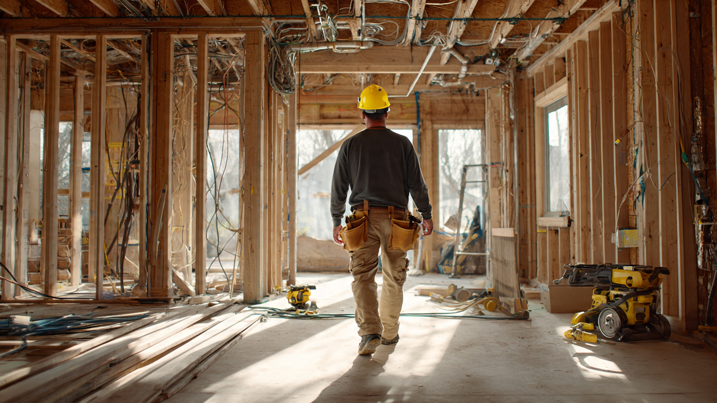 A construction worker wearing a hardhat with a mounted 360-degree camera walking through an unfinished residential home, exposed framing and electrical wiring visible, morning light streaming through window openings