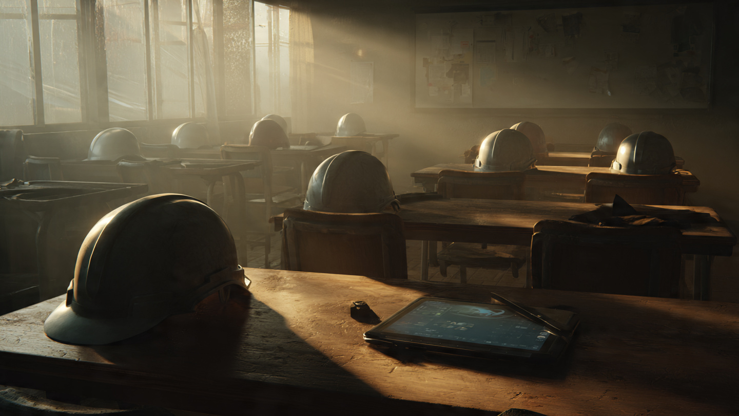 An empty construction site training classroom with hard hats on desks and a tablet showing a VR training module