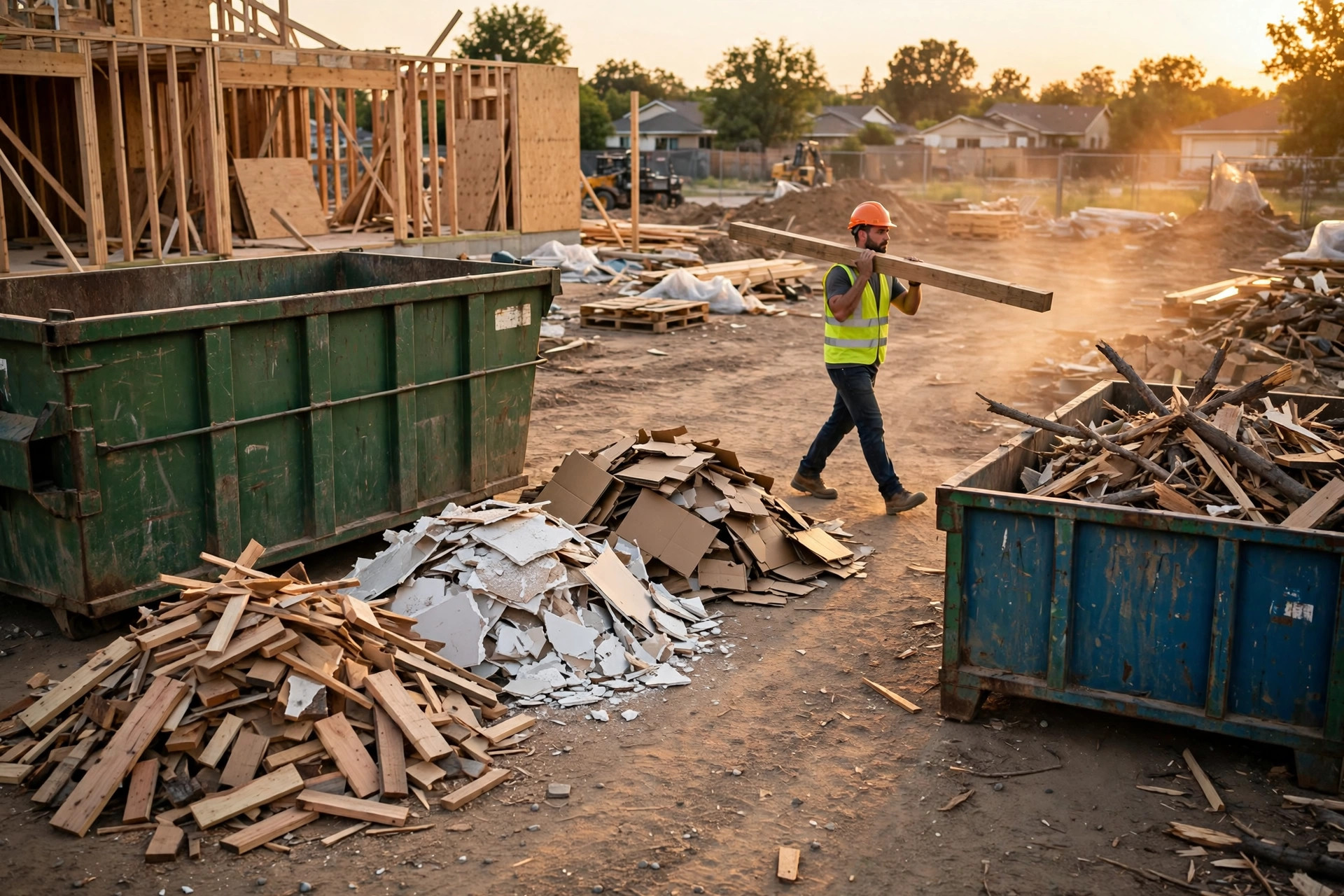 A construction worker in a hard hat and safety vest carries lumber past sorted waste piles of wood, drywall, and cardboard beside green and blue roll-off dumpsters at a residential job site at golden hour