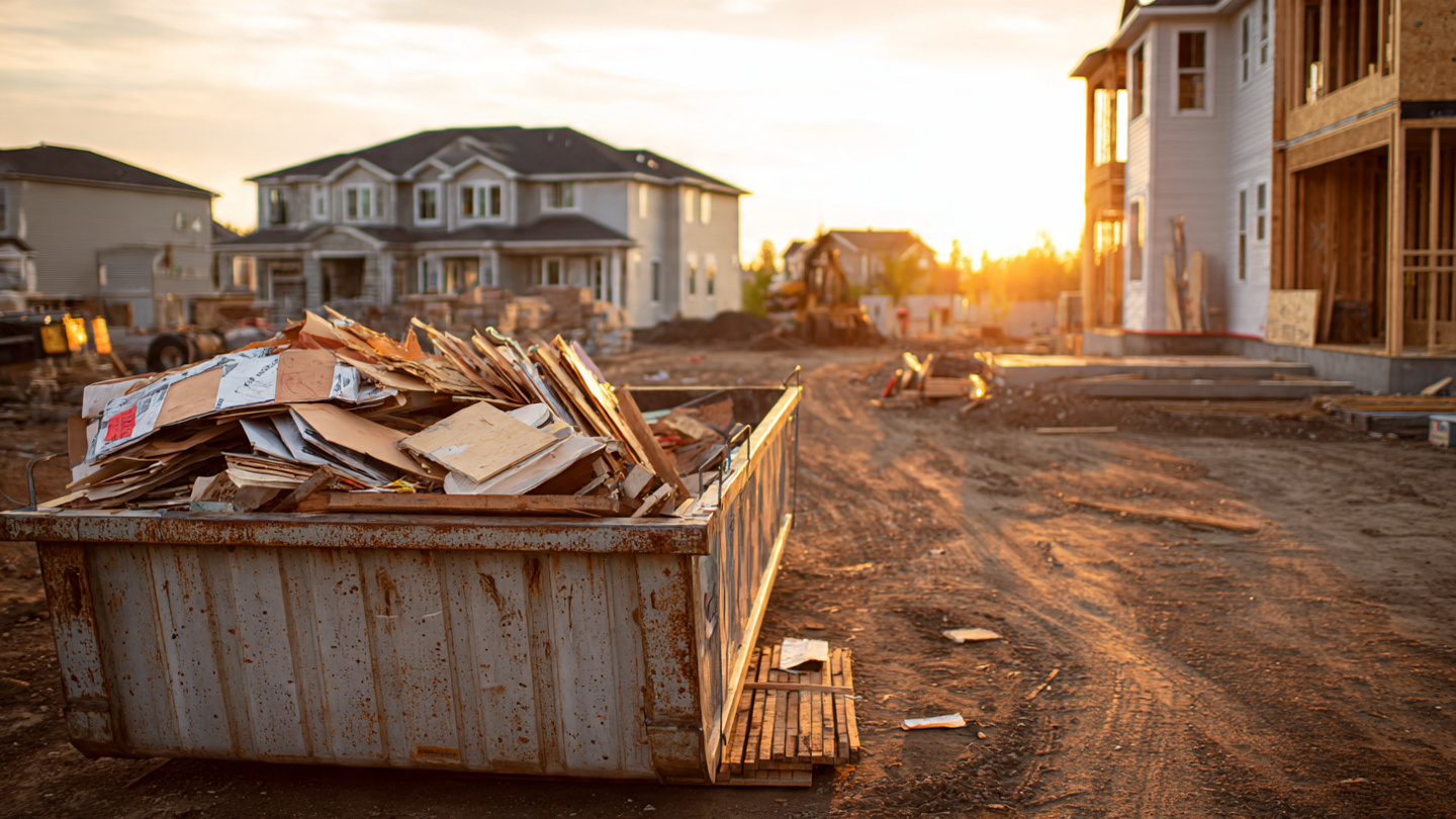Construction dumpster overflowing with mixed residential building waste at a job site