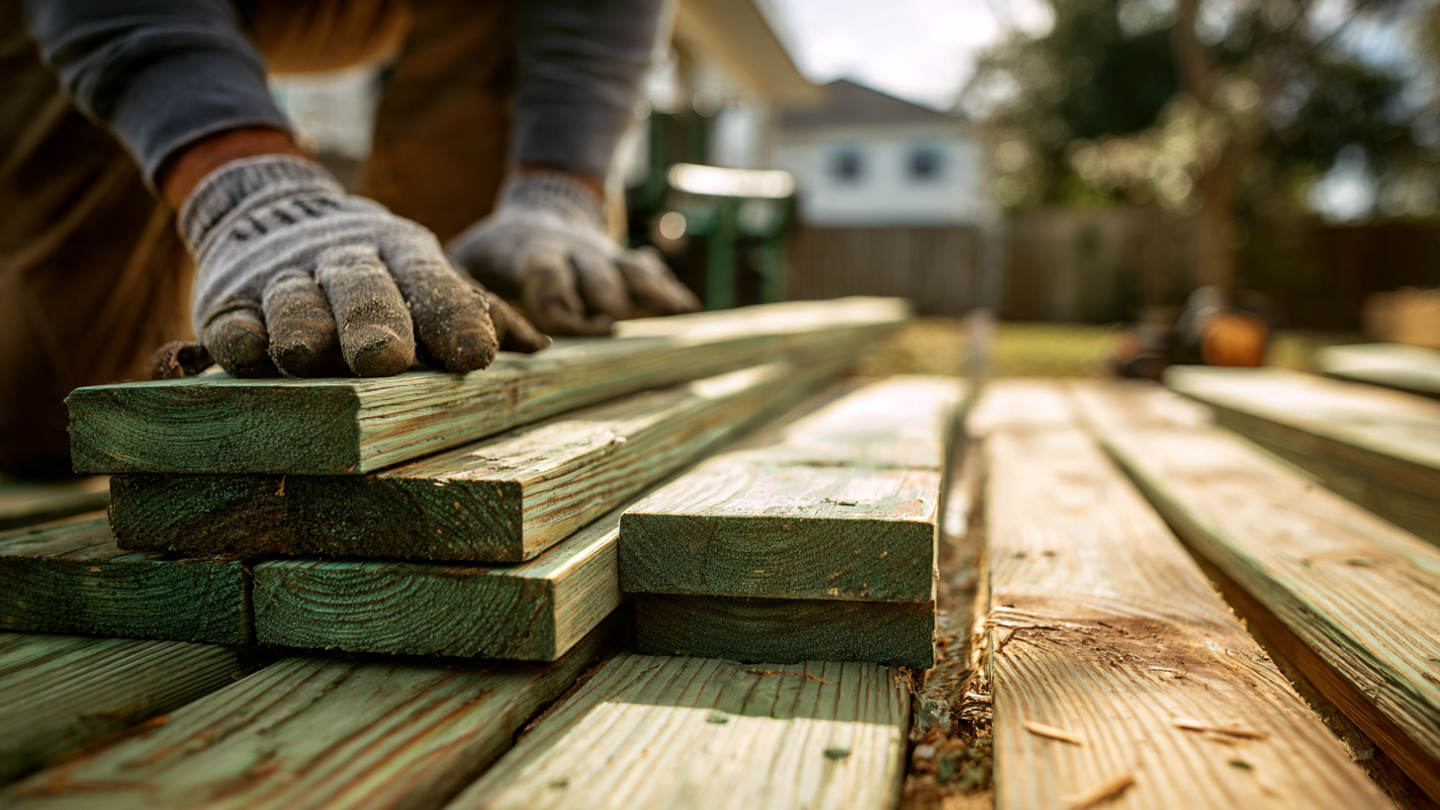 Weathered green-tinted pressure-treated deck boards being removed during a residential renovation, with a worker wearing gloves sorting lumber into separate piles on a suburban lawn