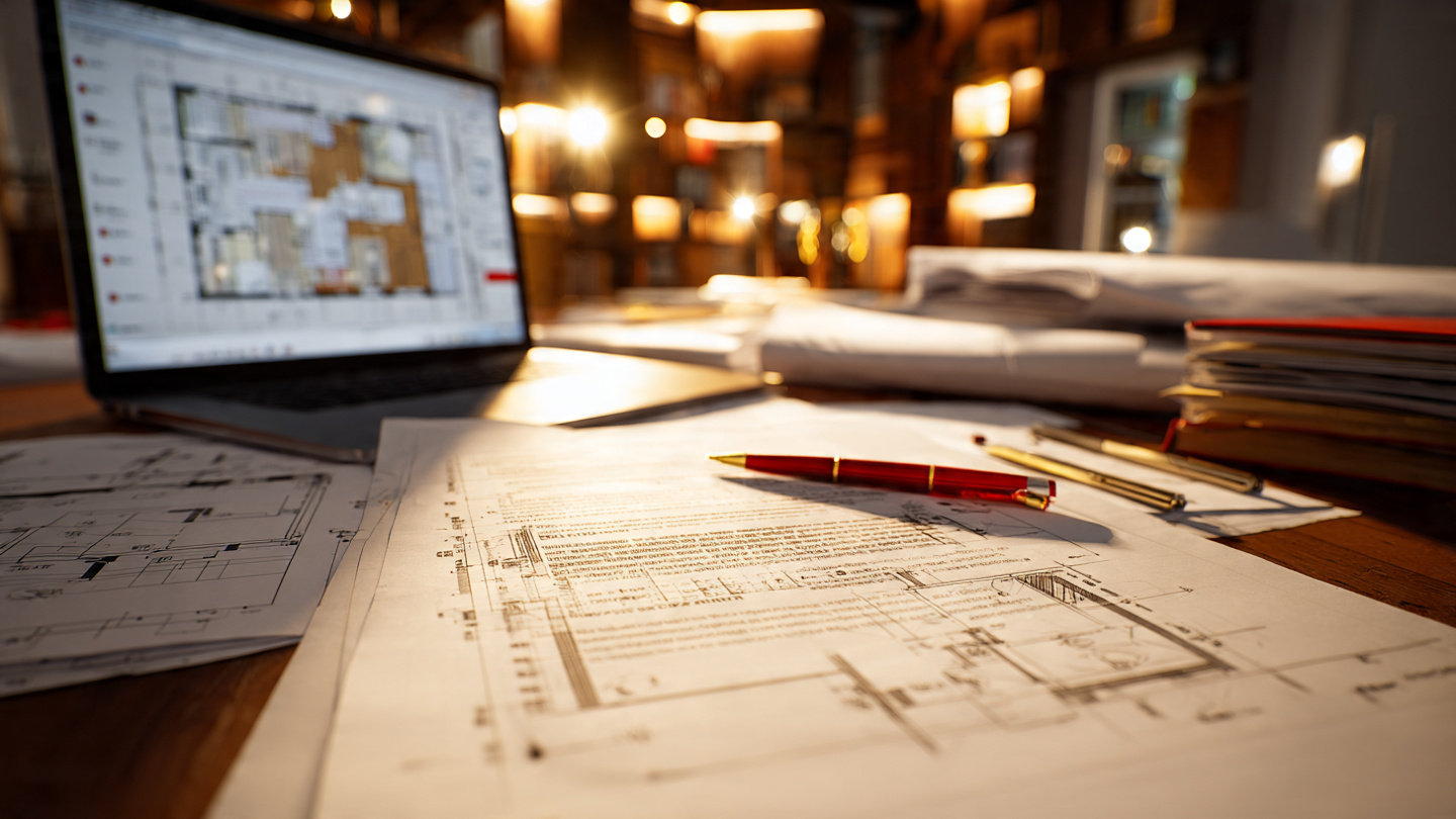 Construction contract on desk with AI software on laptop