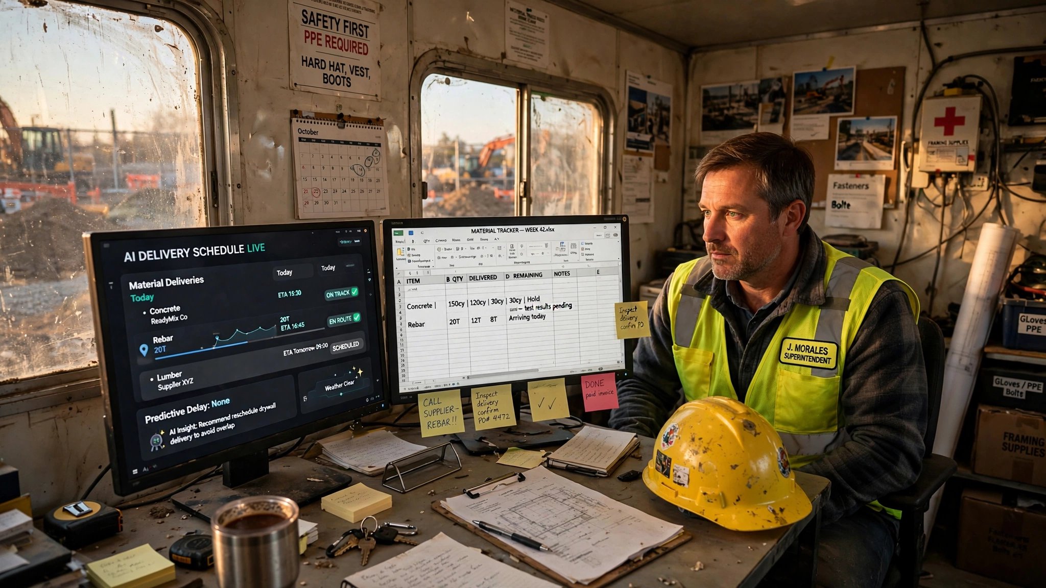 A construction trailer office with two monitors, one showing a modern AI scheduling dashboard and one displaying a cluttered spreadsheet, warm late-afternoon light through dusty windows